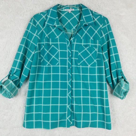 Notations Womens Shirt Top Button Down Blue Check Roll Tab Long Sleeve Petite PL - Picture 2 of 13